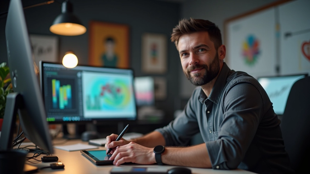Tavolo da lavoro di animatore con tavoletta grafica, penna digitale e monitor che mostra software di animazione professionale