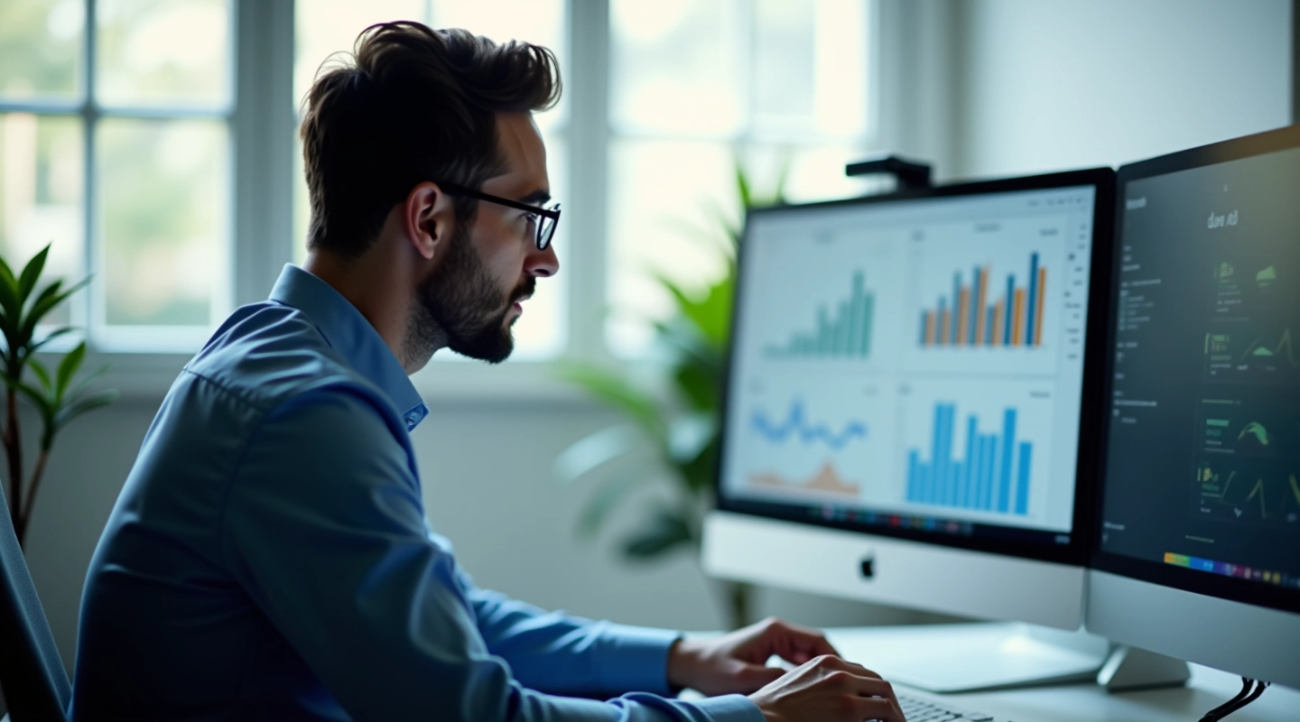 Professionista che analizza dati su schermo con grafici e statistiche visibili