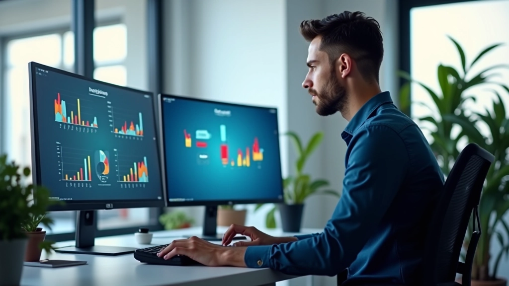 Designer che lavora su animazioni di infografiche con software moderno su doppio monitor, ufficio luminoso