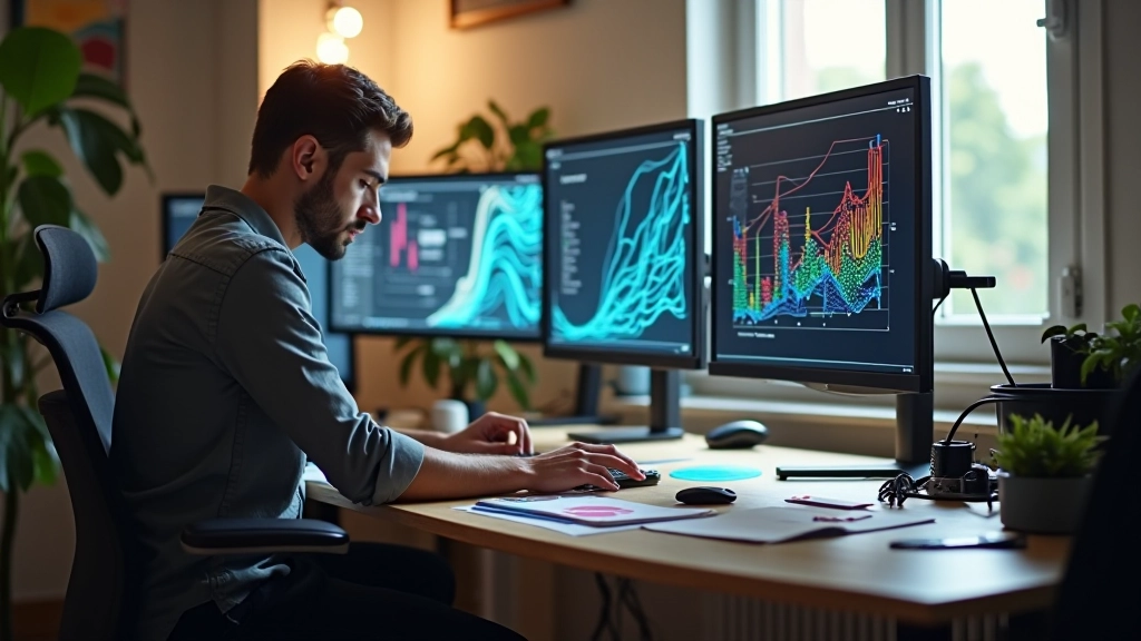 Area di lavoro con monitor che mostrano animazioni di dati in corso