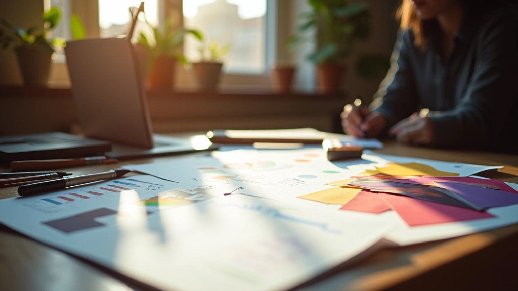 Tavolozza di colori e campioni di design su tavolo con strumenti di lavoro