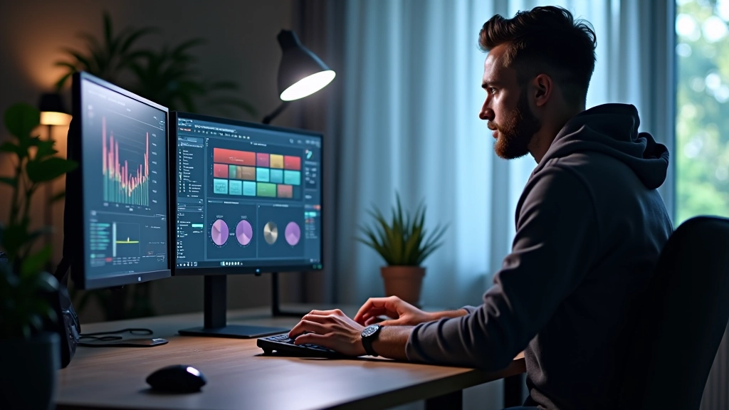 Designer che lavora su un computer con interfaccia di design grafico aperta, mostrando palette di colori e strumenti di progettazione