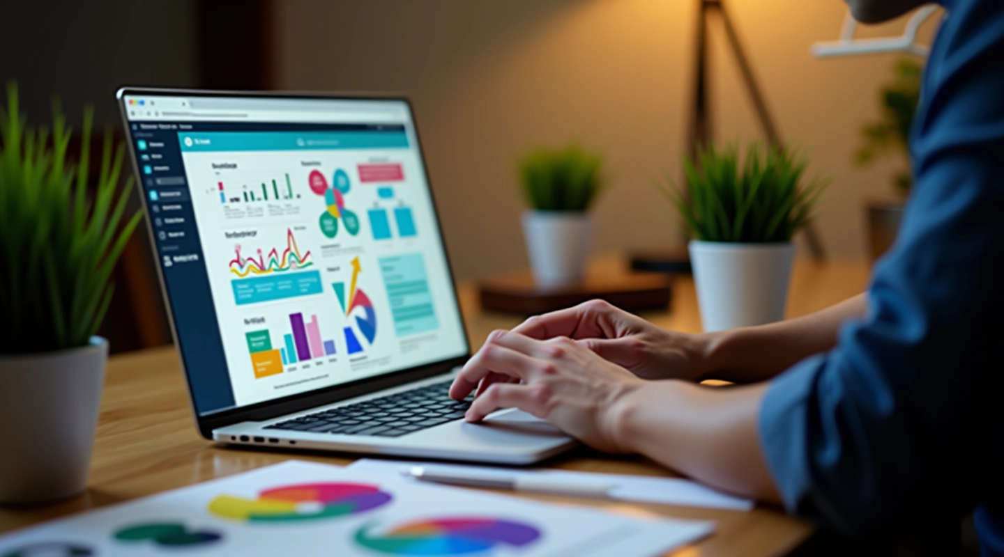 Designer che lavora su infografica colorata al computer portatile con grafico sullo schermo
