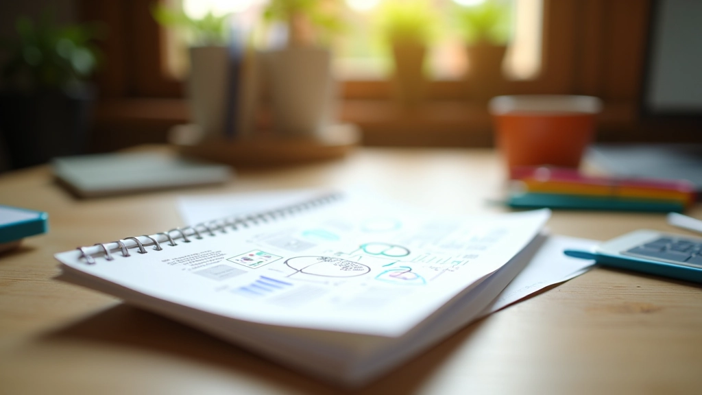 Notebook con sketch di infografica disegnata a mano, accanto penne colorate e righello su scrivania di legno con luce naturale